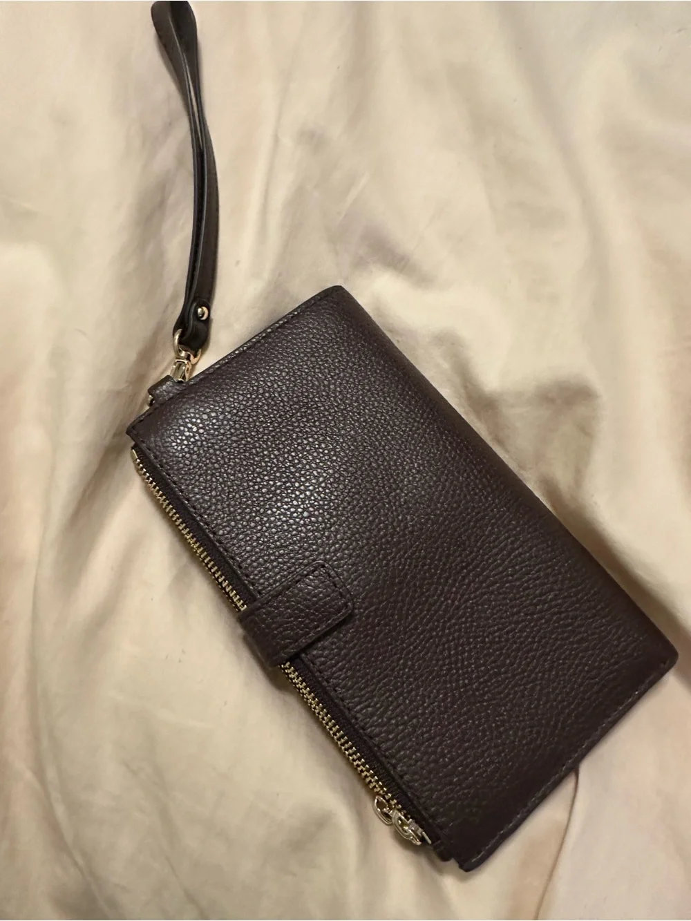 Michael Kors Dark Brown Pebbled Leather Wristlet with Gold Hardware